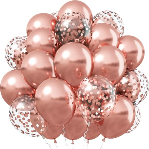 Rose Gold Metallic Balloons Rose Gold Confetti Latex Balloon, 40PCS 12Inch Chrome Rose Gold Helium Balloons Rosegold Glitter Party Balloons for Women Birthday Bridal Shower Wedding Party Decorations