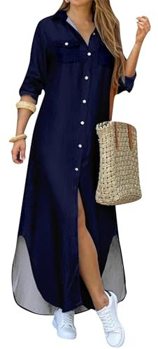 OMZIN Women Long Sleeve Elegant Maxi Dress Button Down Up Shirt Long Dress with Pockets Navy Blue L