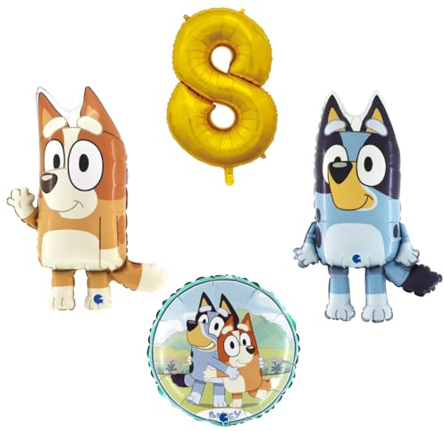 Ballonim® 4 teiliges Ballonset mit Bluey und Bingo einer Ballonzahl mit der Nummer 8 in Gold und ein runder Ballon