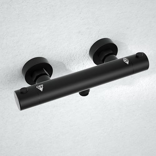 Görbach Grifo Termostático de Ducha con Botón de Seguridad de 38 °C, Mezclador Termostático de Ducha con Control de Temperatura Constante para Ducha y Bañera Negro