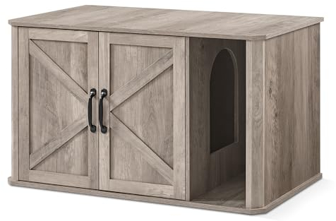 Feandrea Katzenhaus, Katzenklo-Schrank modern, Vordereingang, mit Doppeltür und Griffen, als Sideboard, 85 x 48,5 x 50 cm, Greige meliert PCL012G01