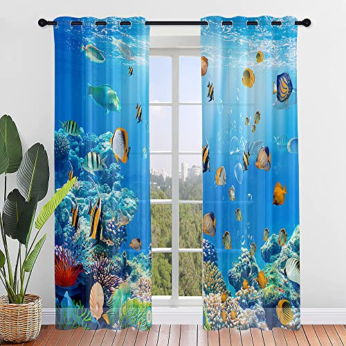 Odot Transparent Gardinen mit Ösen Schlaufen, Vorhänge Voile Sheer Vorhang 3D Unterwasserwelt Dekoschal Fensterschal Ösenvorhang für Wohnzimmer küche Fenster, 2er (Tropischer Fisch 2,140x160cm)