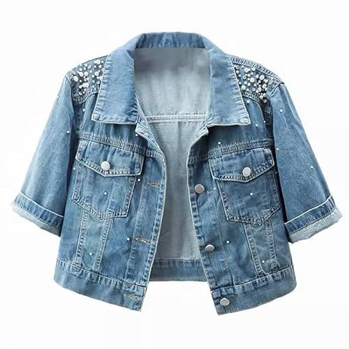 LifeShe Damen-Jeansjacke mit Perlen, Perlen, 3/4-Ärmel, kurze Strass, Jeansjacken, Mäntel, Blau, XL