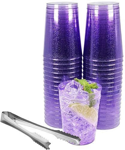 50pc 10oz Purple Glitter Plastic Cups and 1 Silver Ice Tong Set - Disposable Cocktail Glasses - Plastic Wine Cups - Purple Party Decorations - Purple Party Supplies