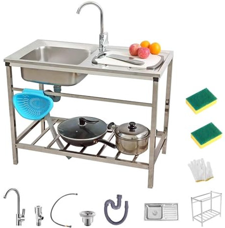 Évier Utilitaire Evier Cuisine 1 Bac Inox Autoportants Avec Établi Evier De Restaurant Commercial Avec Étagères De Rangement Évier De Jardin Avec Robinet Pour Les Garages Evier Buanderie(75x40cm)