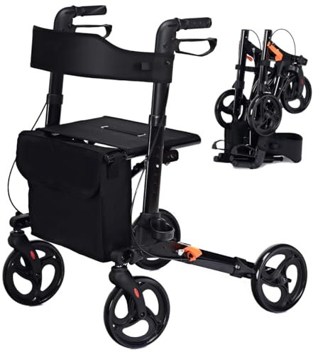 HOMASIS Rollator faltbar und leicht mit Sitz, höhenverstellbare Gehhilfe mit 2 Bremsen, Wohnungsrollator aus Aluminiu, Laufhilfe mit Stockhalter & Tasche, Gehwagen für Senioren bis zu 136 kg belastbar
