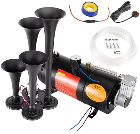FARBIN 178dB 4 Trompete Horns Zug Horn Kit für LKW Super Loud Luft Hörner mit 150 PSI 12V Luft Kompressor Lufttank Kann für Jeep SUV Zug Metall Schwarz (0.8 gal 12v schwarze Luft Horn Kit)