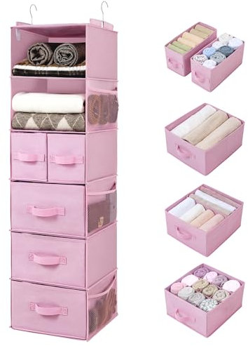 GRANNY SAYS 6 Shelves Hanging Wardrobe Storage Organiser, Pack of 1 Collapsible Hanging Shelves with Drawers and Side Pockets, Pink Wardrobe Tidy Unit for Bedroom Organising Accessories Clothes