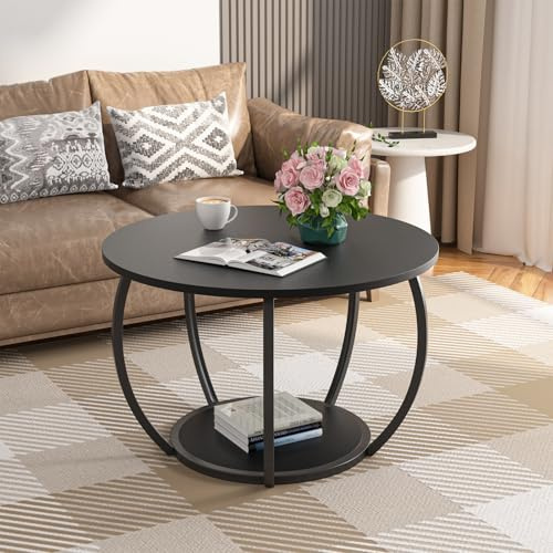 GreenForest Petite table basse ronde pour salon | Table centrale pour appartement de ferme, dessus stable, imperméable et résistant aux rayures, assemblage facile, noir