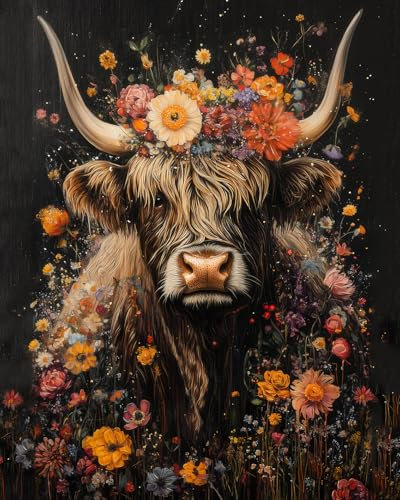 Peinture par numéros - Vaches et fleurs adultes exploitant en Écosse - Kit de peinture à l'huile sur toile - Pour femme - Décoration d'intérieur - Cadeau d'anniversaire de Noël - 40 x 50 cm (sans