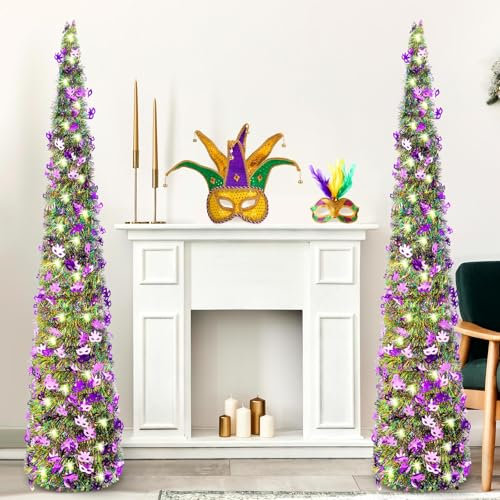 Hollowfly 2 Pcs 5 ft Pop up Mardi Gras Tree with String Lights Collapsible Tinsel Artificial Pencil Tree with Mask for Home Indoor Outdoor Carnival Holiday Party Supplies