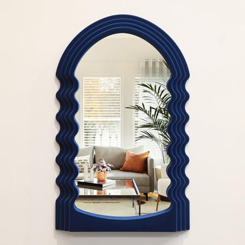 TEIPAI Irregular Wall Mirror Living Room Decor, Arched Decorative Mirrors with Flocking Touch, Modern Asymmetrical Mirror for Hallway Entryway Staircase Bathroom Bedroom (Dark Blue)