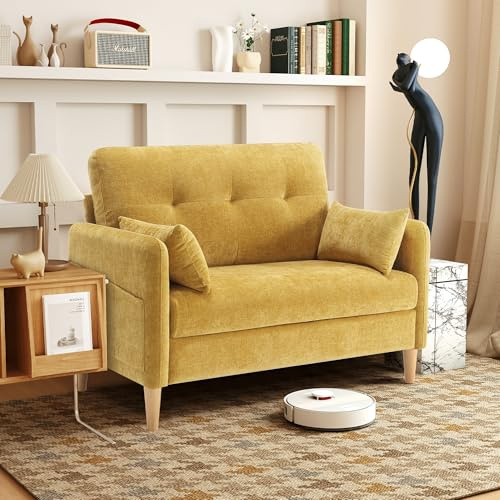 Urhanherry 47 Small Sofa Couch for Bedroom, Soft Chenille loveseat Mini Couch with Throw Pillow and Removable Cushion Cover for Small Spaces, Living Room, Apartment, Dorm, Office(Yellow)