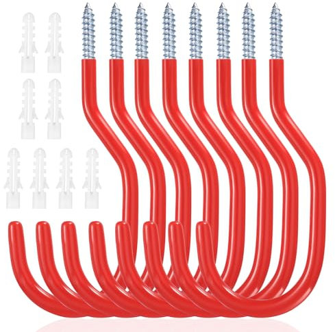 8 Pcs Bike Hooks for Wall Hooks, Garage Hooks Heavy Duty Hooks, Bike Storage Hooks, Large Screw-in Hooks, Shed Hooks Utility Hooks with Coated Ladder Hooks for Garage Ceiling Tool Hanger(Red)