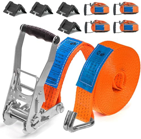 INTAKO Cinghie a Cricchetto Professionali 12m x 5000kg x 50mm - Set di 4 cinghie di fissaggio e 4 angolari di protezione - Fascia con cricchetto da 5 ton per camion