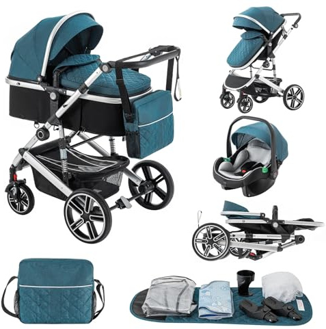 Lnhcrbs Kinderwagen 3 in 1, Kinderwagenrahmen aus Aluminium, Räder aus PU, All-Terrain-Kinderwagen faltbar, inkl. Regenschutz & Moskitonetz, geeignet für 0-48 Monate (22 kg), Blau