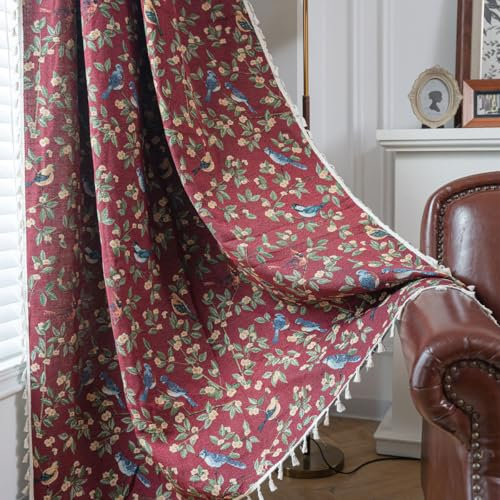 Tokusyou Landhausstil Gardinen Blickdicht Rot Vintage Vorhänge Leinenoptik Jacquard Vögel Blätter Baumwolle Boho Vorhang mit Quaste Rod Pocket für Wohnzimmer Küche 1er Set B150×H220cm