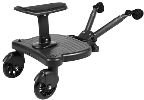 Buggy Board mit Sitz, Kiddy Board Trittbrett, Universal Stehbrett, 360°Zweirad Design, Kinderwagen Zubehör, mit Kinderwagensitz, passend für jeden Kinderwagen erhältlich(Schwarz)