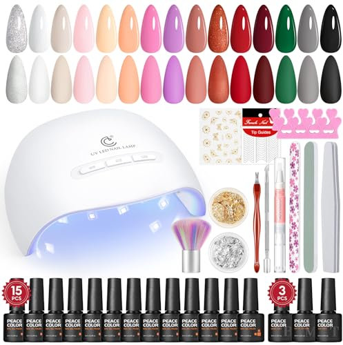 PEACECOLOR 31PCS Kit Semipermanente Unghie, 15 Colori 8ML Smalti in Gel per Unghie con Lampada, Base e Top Coat con Strumenti per Unghie Manicure