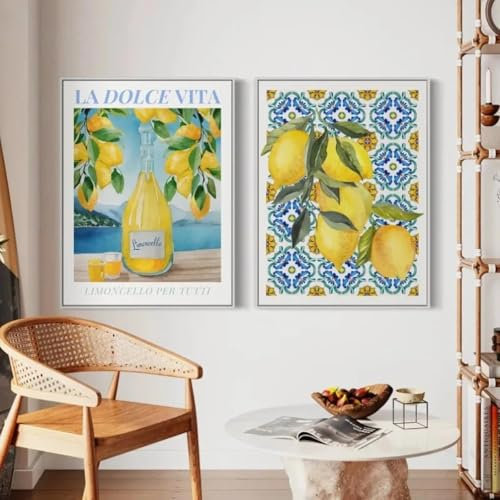 GKUVBF Aquarell Italien Santorini Frische Zitrone La Dolce Vita Amalfiküste Landschaft Poster Leinwand Gemälde Wandbilder Dekor 30x40cm-2 Stück Rahmenlos