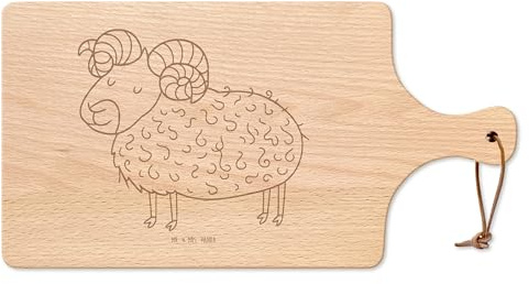 Mr. & Mrs. Panda Holzbrett Sternzeichen Widder - Geschenk, brotzeitbrettchen, Geburtstag April, Bock, Pizzabrett, Frühstücksbrettchen, Brotzeitbrett, März, Schneidebrett, Schafbock