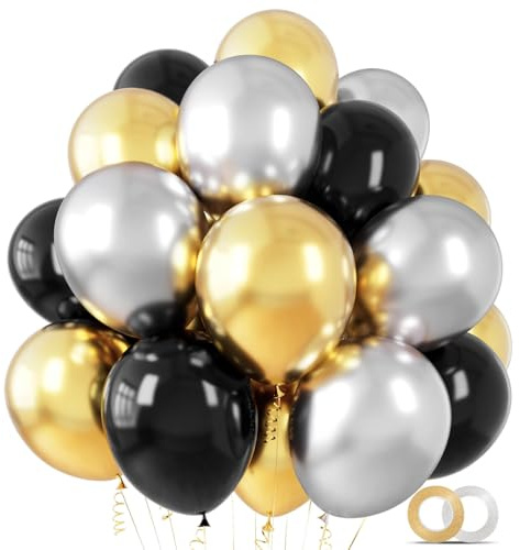 100 Stück Schwarz Gold und Silber Luftballons Set 30,5 cm Schwarz Metallic Chrom Gold Silber Luftballons für Geburtstag Hochzeit Silvester Abschlussfeier Party Dekoration