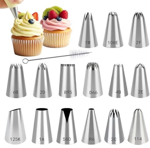 Ruimooto Set med 15 professionella spritstyllar i rostfritt stål 304, stora spritstyllar för spritsäck + 1 rengöringsborste, för kakor, muffins, kakdekoration