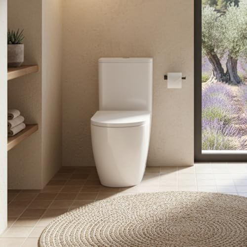 SOULHOME Pack Inodoro Rimless Curvo Blanco Mate Pulsador Cromo | Tapa Thermodur Amortiguada, Salida DUAL Horizontal/Vertical, Doble Descarga Eco, Conexión agua inferior Derecha/Izquierda.