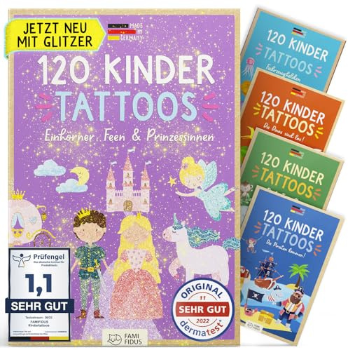 Famifidus 120 Glitzer Tattoos hautfreundlich und Dermatologisch SEHR GUT | Die Kindertattoos Glitzer sind Made in Germany, langanhaltend und leicht zu entfernen. Ein Geschenk für Mädchen und Jungen.