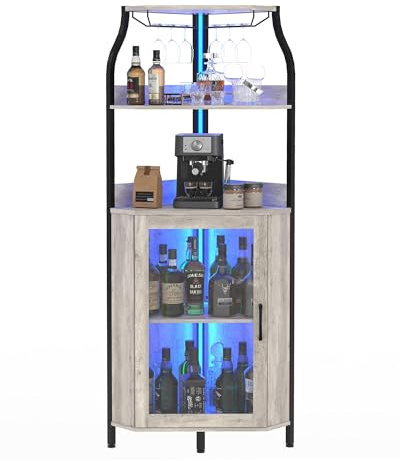 RBFGYIOP Mobile bar in MDF curvato con vetrina vini a 4 livelli, porta in vetro, illuminazione LED, scaffale portabottiglie moderno per casa - Finitura DE Grey