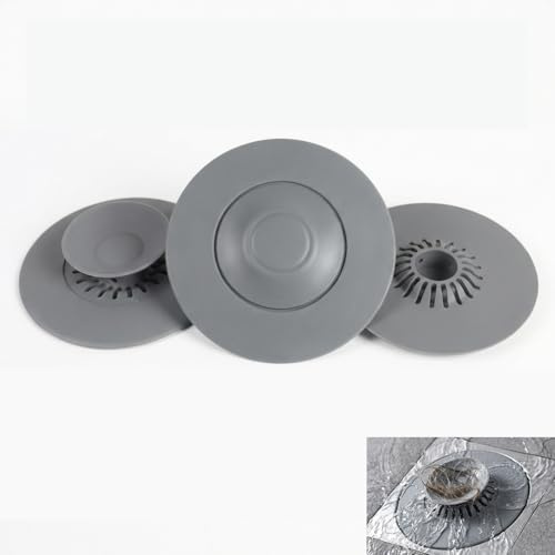 CleaZeny 2-Pack Silicone Press-Type Universal Bath Plug, 10.8cm Grey | 2-In-1 Press Silicone Drain Stopper with Hair Filter. Fit Bath, Sink, Shower & Kitchen. Easy To Clean