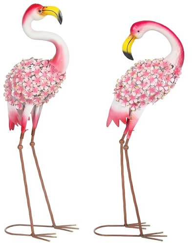 Outsunny Flamingo Gartenstatuen 2er Set, Florale Feder-Metallvögel mit Bodenankern, Gartenornamente, Stehende Skulpturen für Terrasse, Teich Landschaftsdekoration, Rot