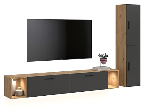 xonox.home – Wohnkombination inkl. Beleuchtung The One 259x182x34 cm in Artisan/Basalt – Wand mit 2 Türen, 2 Klappen & LED – 10 Fächer schaffen viel Platz & EIN gemütliches Licht im Wohnraum
