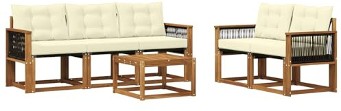 vidaXL Outdoor-Sofagarnitur mit Kissen 6 pcs Natur und Creme, Gartenmöbel, modernes Ecksofa, langlebige Terrassen-Sitze, stilvolle Lounge für deinen Outdoor-Bereich