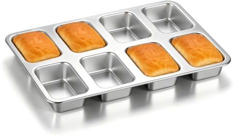 Onader Mini Loaf Tin, Stainless Steel 8 Cavity Bread Loaf Pan for Baking | Rectangle Baking Tray for Small Bread Meatloaf Brownie Cake, No Coatings & Healthy, Thick Metal Structure, Dishwasher Safe