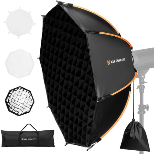 K&F CONCEPT 60cm/26''Rapido Sgancio Softbox con Griglia+Giffusore+Borsa | Attacco Bowens, compatibile con luci COB ideale per ritratti, matrimoni, riprese video e streaming live,LK07