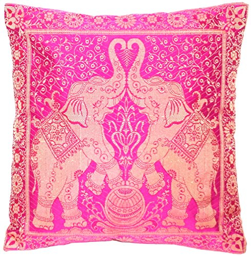 Rosa Seide Kissenbezug mit Elefanten Design | Zierkissenbezug | Sofakissenbezug | Dekokissen | Zierkissen - 40 cm x 40 cm ***Handgewebt und Handgefertigt von Kunsthandwerkern aus Kaschmir-Indien***