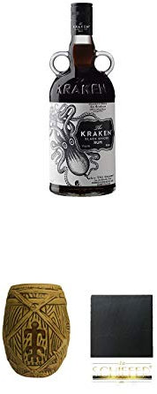 Kraken Black Spiced 0,7 Liter + Plantation MUG ohne Eichstrich 1 Stück + Schiefer Glasuntersetzer eckig ca. 9,5 cm Durchmesser