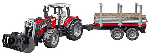 bruder 02046 - Massey Ferguson 7480 avec chargeur frontal, remorque de transport de bois, 3 troncs d'arbres, tracteur
