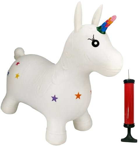 Happy Hopperz Inflatable Bouncy Animal with Grippable Ears/Horns, Easy to Clean Space Hopper for Indoor and Outdoor Play, Bouncing Toy, Pump Included, 12 Months-5 Years, White Unicorn