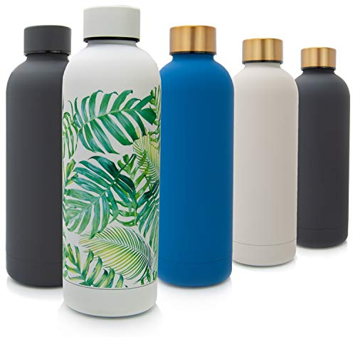 T&N Edelstahl Trinkflasche 500ml – Thermosflasche für Büro – auslaufsichere Wasserflasche für Kohlensäure – Thermoskanne unterwegs – Isolierflasche Tee. Kaffee – Tropical Leaves Edition