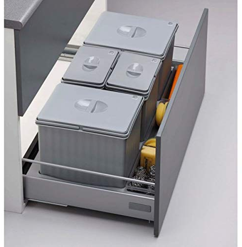 AZERODESIGN - Cubo de Reciclaje para Interior - 2 Cubos de 14L y 2 Cubos de 6,5L - Ancho Módulo 80-25x49x74 cm - Base Recortable en Anchura y Fondo - Color Gris - Material de Plástico PVC