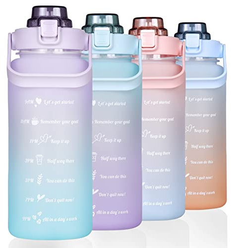 RYI Large Half Gallon 64 OZ Motivational Water Bottle with Straw Time Marker BPA Free for Sport and Fitness Purple Green