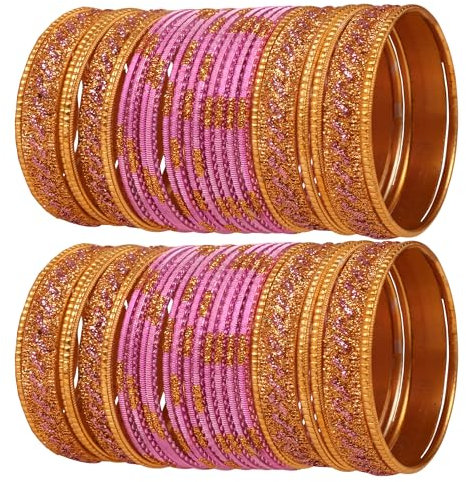 Touchstone Indische Bollywood Glamourous Mode Handgelenk, die schimmernde goldene Glitzer strukturierte rosa Farbdesigner Schmuck Armbänder Armreif Chura. Satz von 48 in Goldton für Frauen.