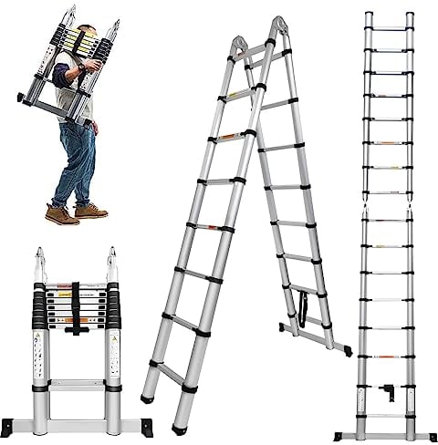Qimu 5M Teleskopleiter Alu Leiter Ausziehbare Klappleiter 2.5M + 2.5M Teleskopleiter mit Stabilisator, Aluminiumleiter Flexibel Leiter für Außenbereich Dachboden