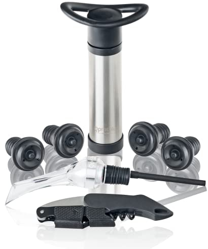 Qpractiko - Kit Vino Regalo | Bomba de Vacío Acero Inox | 4 Tapones Silicona | Aireador | Sacacorchos 2 Tiempos con espiral de Teflón | Tapon de Vino al Vacio, Plata, Acero inoxidable