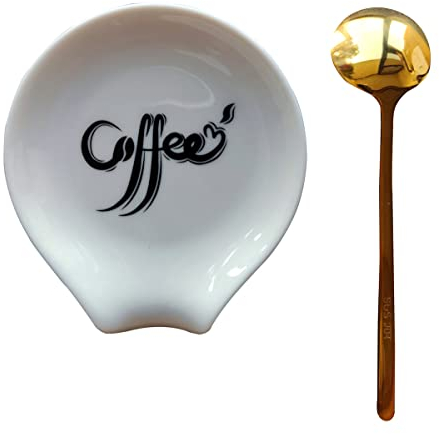 Coffee Spoon Rest, Small Ceramic Coffee Spoon Holder, Porcelain Spoon Holder, Ceramic Spoon Rest for Tablespoon,Teaspoon,Bar Spoon,Coffee Bar Accessories (Spoon Rest+Gold Spoon)
