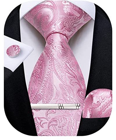 DiBanGu Cravate en soie tissée pour homme avec boutons de manchette carrés et pince à cravate pour mariage et affaires, Motif cachemire rose., taille unique