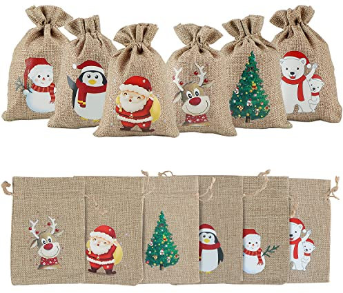 OWill 12 PCS Small Bags, Jute Christmas Burlap Drawstring Small Christmas Bags for Christmas Treat Small Bags