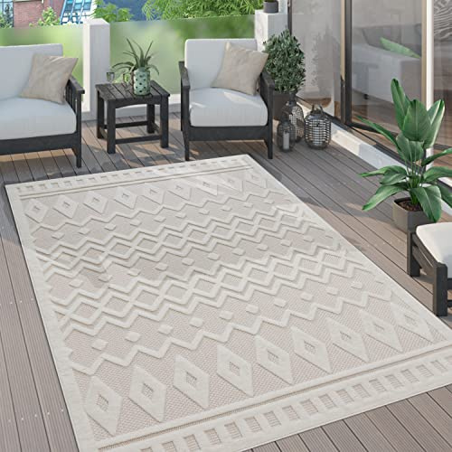 Paco Home Outdoor Teppich wetterfest & langlebig Moderne Boho-Designs mit 3D-Effekt Skandi-Look UV-beständig & robust für Balkon, Garten, Wohnzimmer & Küche, Grösse:80x250 cm, Farbe:Creme 3